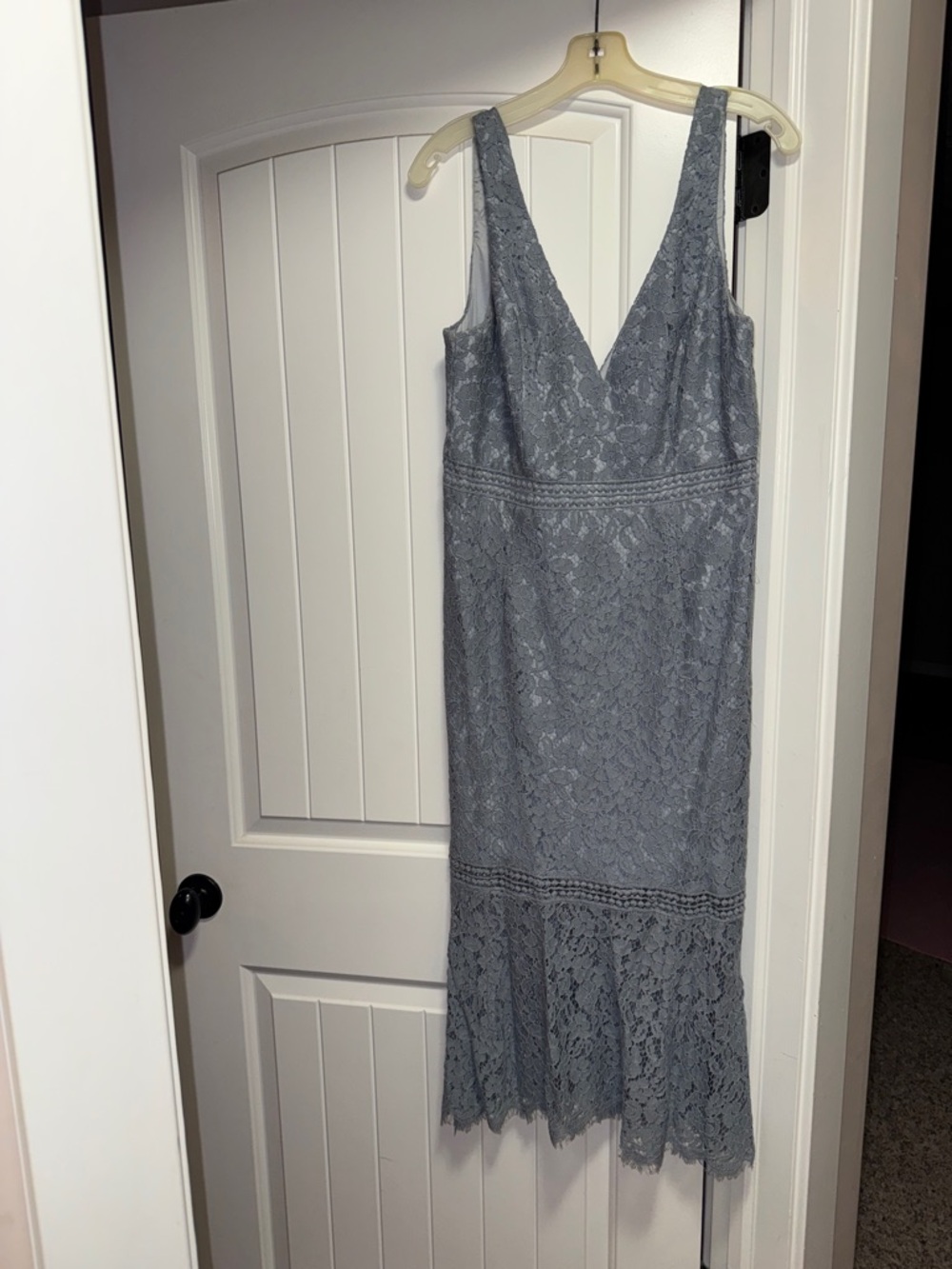 Bardot Sleeveless V-Neck Lace Midi Dress in Dusty Blue